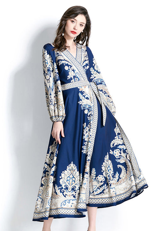 Vibrant & Elegant Women's Wrap V-Neck Long Puff Sleeve Floral Long Modest Maxi Holiday, Party Evening Dress - Blue